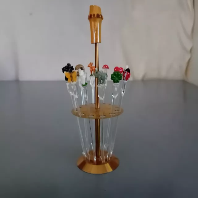 12 Cocktail & Bowle Spieße im Ständer - 1950er Mid-Century Vintage Glasmerker