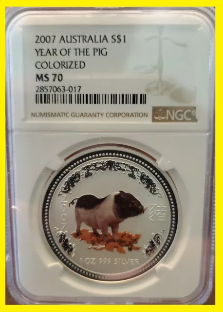 2007 NGC MS70 Australia Year of the  Pig Colorized 1 oz Silver mint box coa