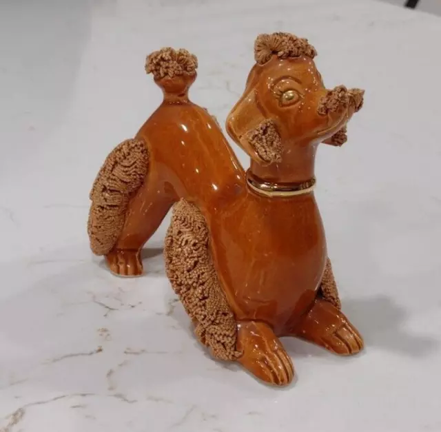 VINTAGE SPAGHETTI COPPER BROWN POODLE Dog Playful Pouncing Walls Japan Figurine