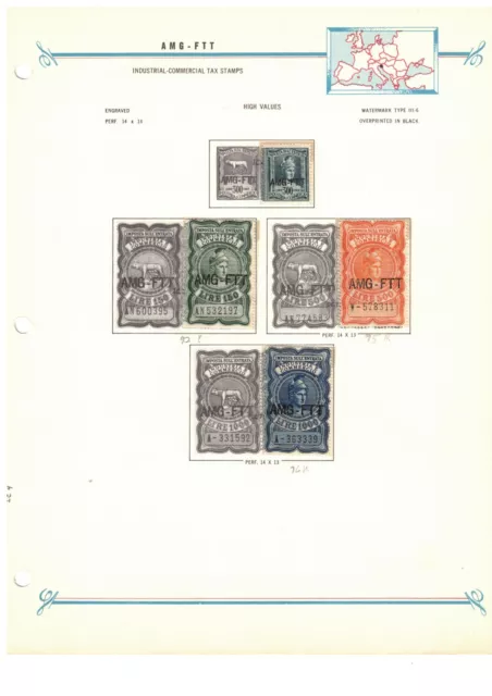 AMG FTT Italy Trieste 4 x High Value Industry Tax Revenue Stamps on Bush Page