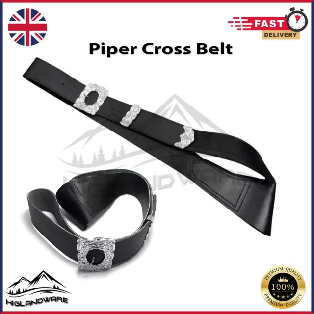 Scottish Kilt Piper Cross Belts Black Leather Genuine With Thistle Buckle Design