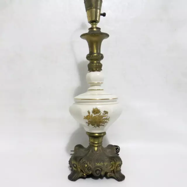 Vintage L&L Gold Floral Gilded Porcelain Glass & Ornate Brass Table Lamp 8060