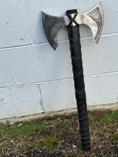 Handmade Rare Art Carbon Steel Blade Double Edge Viking Axe - Ashwood leather