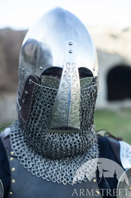 Medieval Bascinet Helmet Aching 14 Gauge Custom Handmade Knight helmet