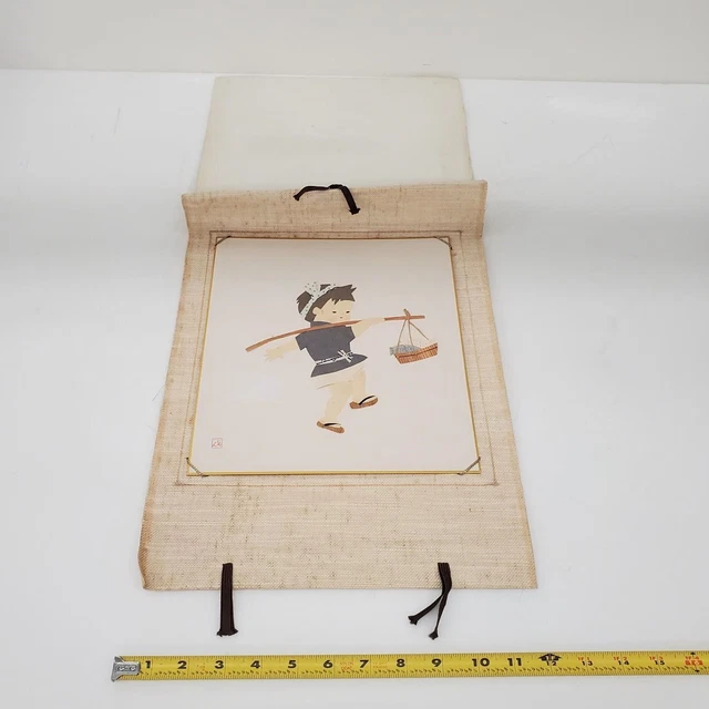 Asian Paper Cutout Art Child Carrying Fish 10.5 x 9.5 Inches