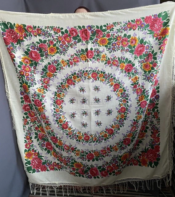 Grande Scialle in cotone fiori e frange Pavlovo Posad Russo Vintage