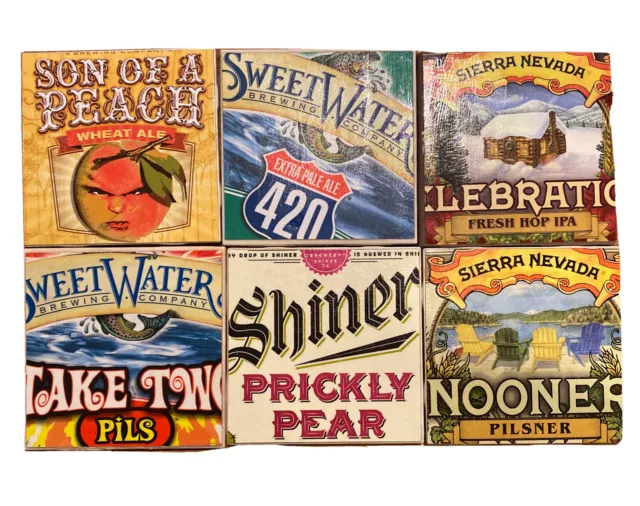 6ea BEER LABEL TILE COASTERS W/ACRYLIC COAT Southern USA Breweries