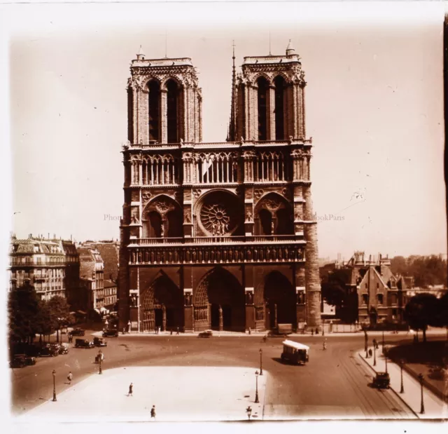 FRANCE Paris Cathédrale Notre-Dame c1930 Photo  Stereo Plaque de verre Vintage