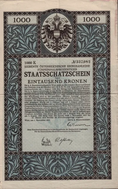 AUSTRIA   State / War Bond 1,000 Crowns  with dividend coupons Vienna dd 1917