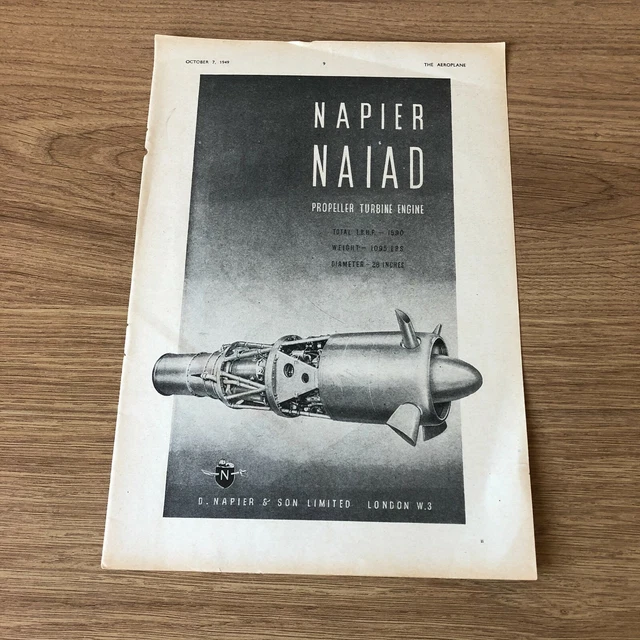 (STA28) Advert 11x8" 'NAIAD' Propeller Turbine Engine, From D. Napier & Son Ltd