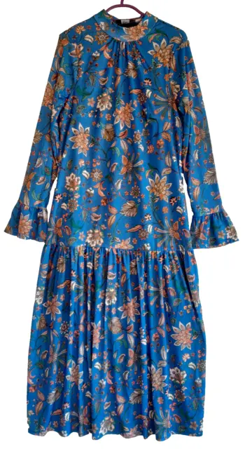 Look Again Royal Blue Floral Drop Waist Midi Dress Lined NEW