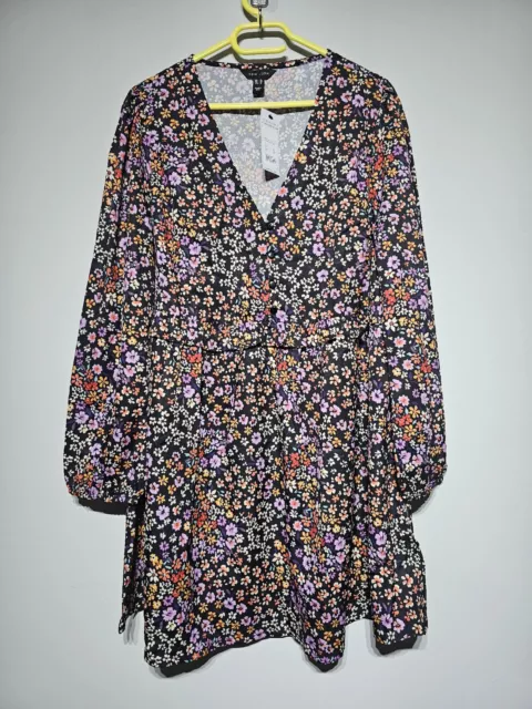 New Look Black Ditsy Floral Long Puff Sleeve Mini Smock Dress Size 14