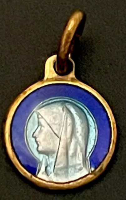 VINTAGE CATHOLIC OUR Lady Lourdes Blue Enamel Gold Tone Medal France ...