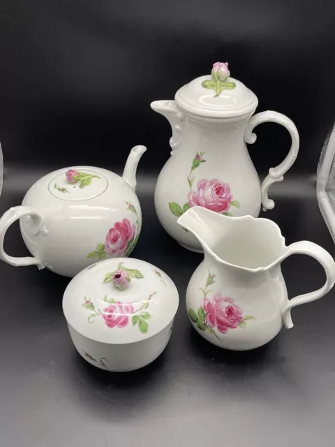 Meissen Large Pink  Rose Porcelain Teapot / Coffee Pot / Sugar Bowl/ Creamer 1St