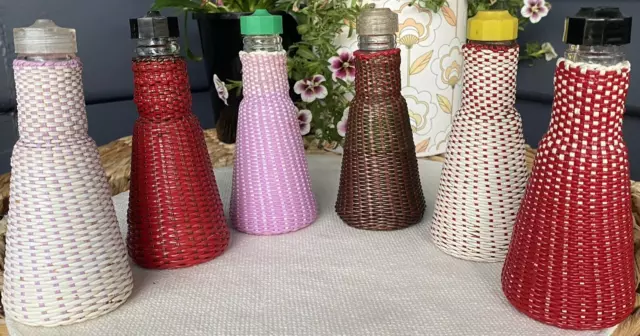 6 Vintage Plastic Tube Weave 14cm Glass Bottles Salt Pepper Bud Vase Kitchenalia