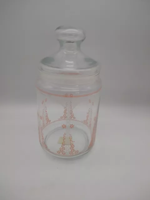 Vintage St Michael Glass Lidded Jar  Peach White Trellis Floral Pattern Storage