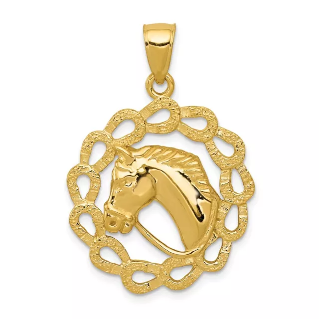 14k Solid Polished Horse Head in Horseshoes Pendant