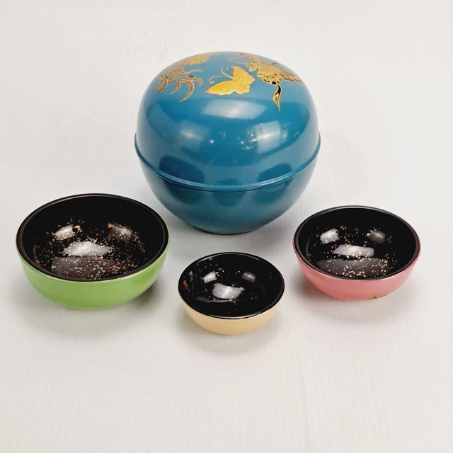 Vintage 5-Pc Japanese Hand-Painted Laquerware Nested Bowl Cup Set!