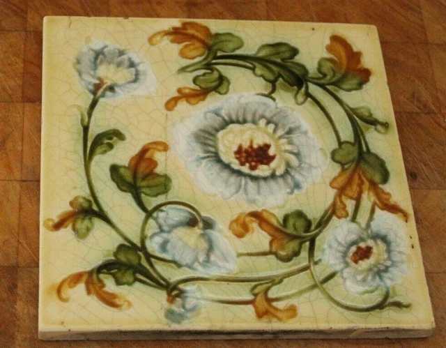 charming ENGLISH art nouveau majolica blue flowers antique TILE