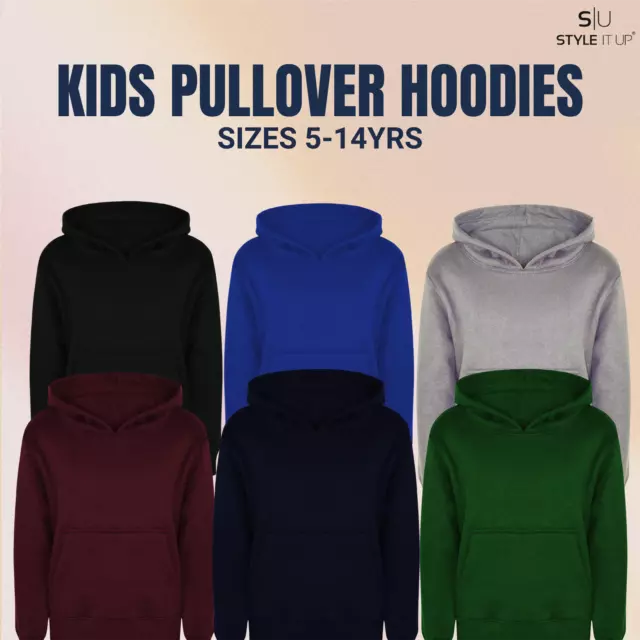 Kids Girls Boys Hoodie Pullover Plain Hooded Classic Sweatshirt Unisex Ages 5-14