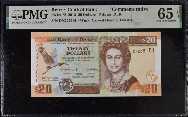Belize 20 Dollars 2012 P 72 Comm. 30th QE II Gem UNC PMG 65 EPQ