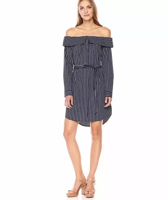 Kensie Oxford Stripe Off The Shoulder Shirt Dress Women  Cotton Navy Gray L