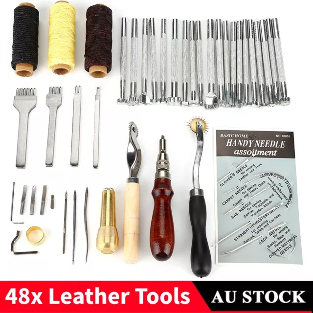 48Pcs Leather Craft Tools Kit Sewing Stitching Punch Carving Work Saddle Set