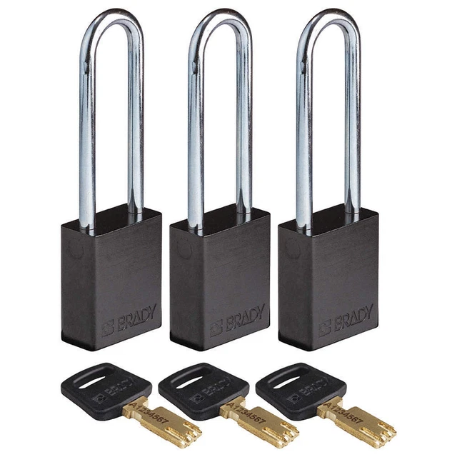 BRADY ALU-BLK-76ST-KA3PK Lockout Padlock,Al,1/4" W,Black,PK3
