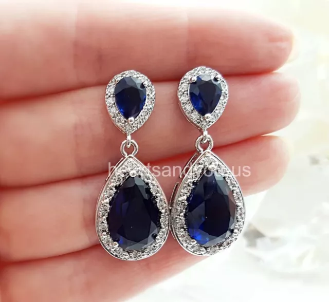 4ct Simulated Blue Sapphire Water Tear Halo Drop Earrings 14k White Gold Plated