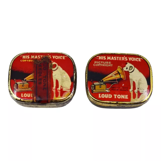 2x Vintage "His Master's Voice" Red Loud Tone Gramophone Needles Tin & Needles