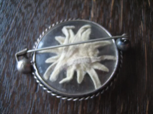 antike Edelweiss Brosche Trachtenschmuck Medallion silber 2 Seiten Glas Dirndl 2