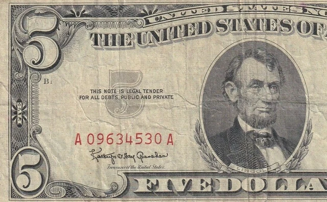 A09634530A  1963 Five Dollar Legal Tender Note, Red Seal In Fine Condition