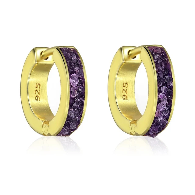 14K Gold Plated Sterling Silver Raw Amethyst 12mm Mini Huggie Hoop Earrings