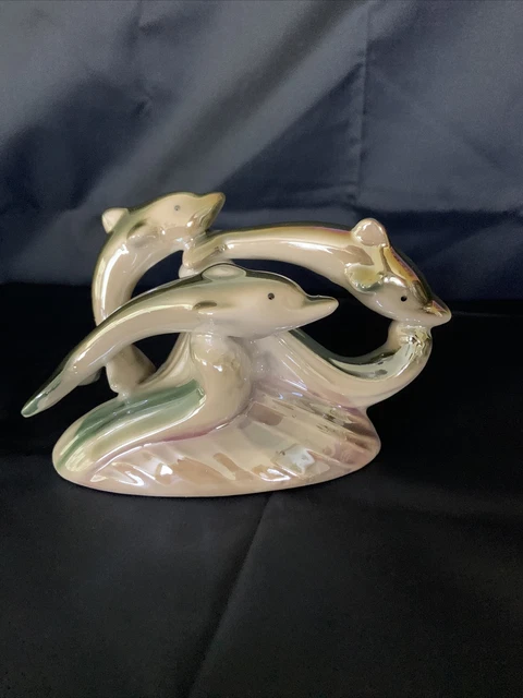 Three Jumping Swimming Dolphin Iridescent Lusterware Souvenir Statue Figurine