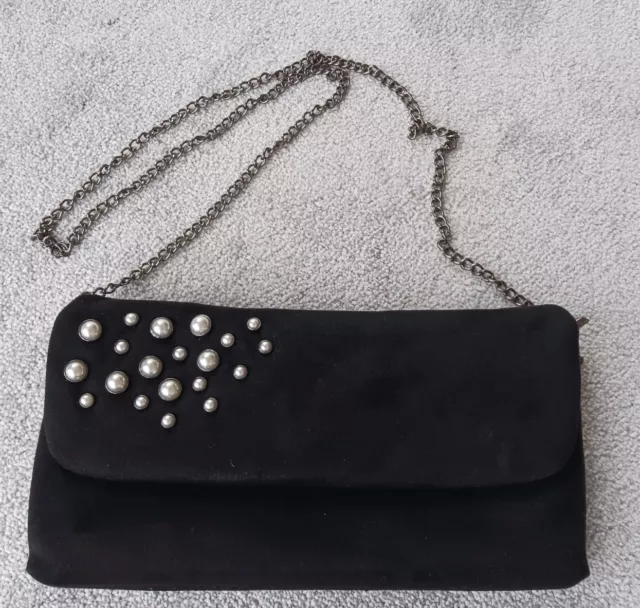 Hotter Black Suede Leather Clutch Shoulder Chain Strap Occasion Handbag Pearls