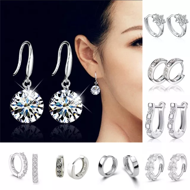 Crystal Charm CZ 925 Sterling Silver Stud Hoop Earrings Fashion Women Jewelry OL