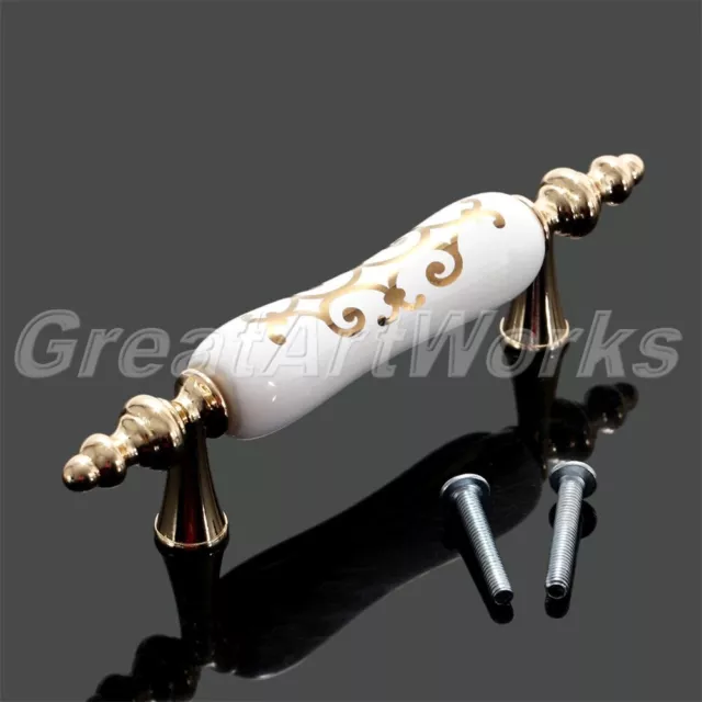 Luxury Gold + White Ceramic Drawer Pull Handle Dresser Kitchen Cabinet Door Knob