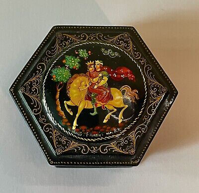 Russian Black Lacquer Hand Painted Fairy Tale box signed by artist