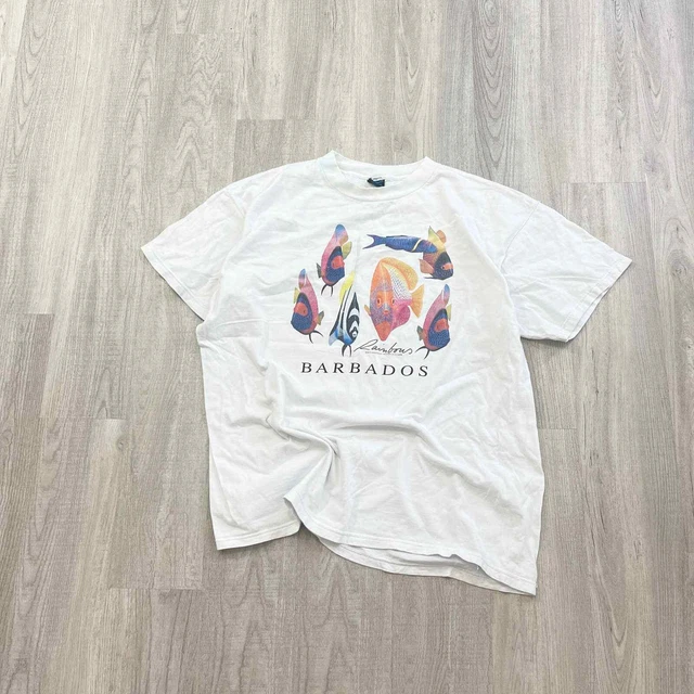 VINTAGE 90s Barbados Rainbow Fish Shirt Size 2XL XXL Mens White Cotton