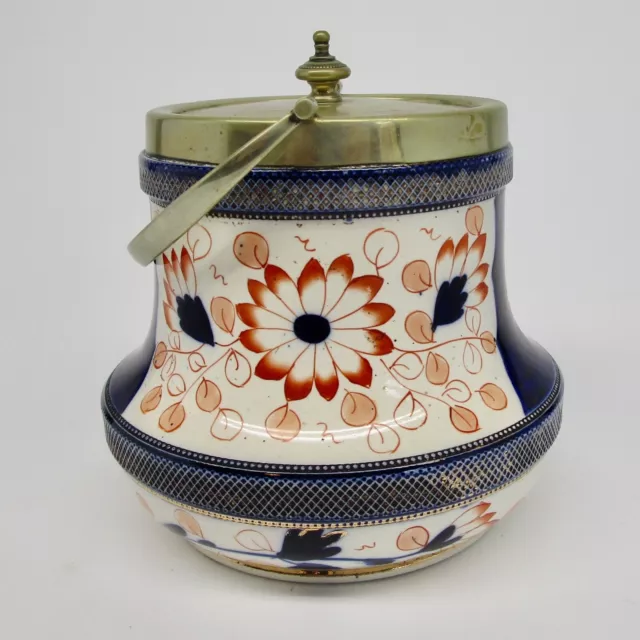 Antique William Wood & Co. biscuit jar barrel England flowers ceramic metal lid