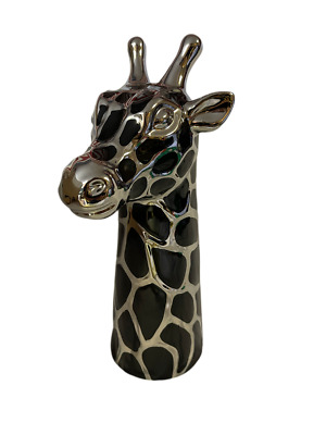 12” Black Silver Metallic Art Pottery Sculpture Statue Figure Giraffe Head Neck