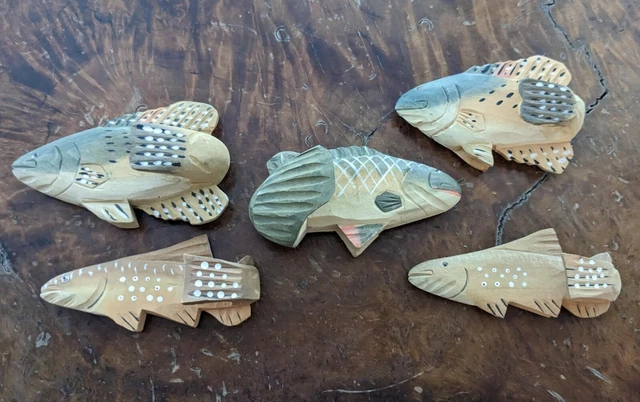 Hand Painted And Carved Wooden Fish Shaped Coat Hooks Set Of 5