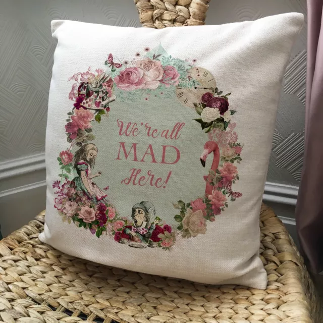 ALICE IN WONDERLAND Cushion Cover - Vintage Style Gift Were All Mad Here 16 inch 2