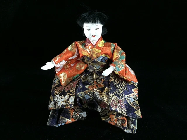 J0677 Japanese Vintage HINA Doll Statue Kimono Black Hair Boy OKIMONO Interior