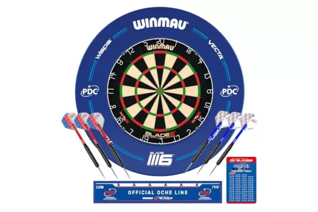 Winmau PDS Set Blade 6 Dart Board + Blue Dartboard Surround + Darts + Oche line