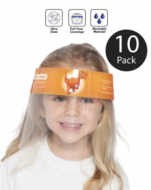 Kids Face Shield Visor Unisex Transparent Safety Cover Guard Orange Dino 10 Pcs