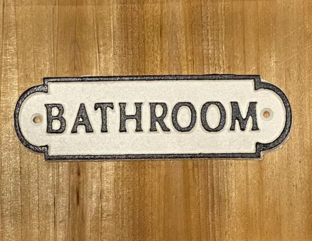 Bathroom Sign Cast Iron White with Black Raised Letters & Trim 7.25" Restroom