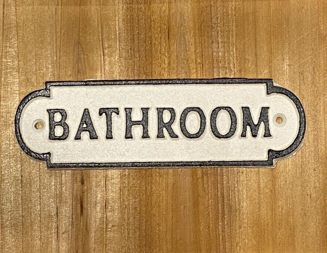 Bathroom Sign Cast Iron White with Black Raised Letters & Trim 7.25" Restroom