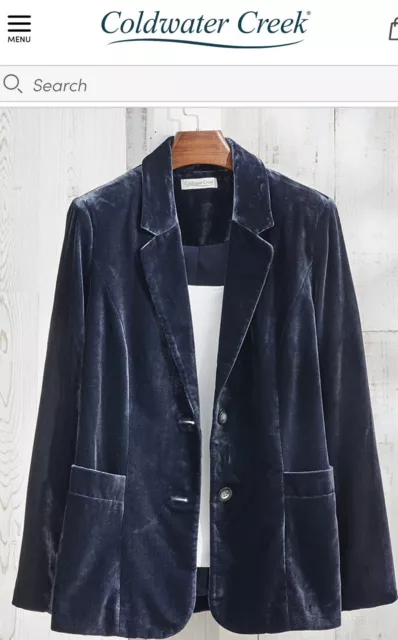 Coldwater Creek Velvet Navy Blue Boyfriend Blazer Jacket Size 6