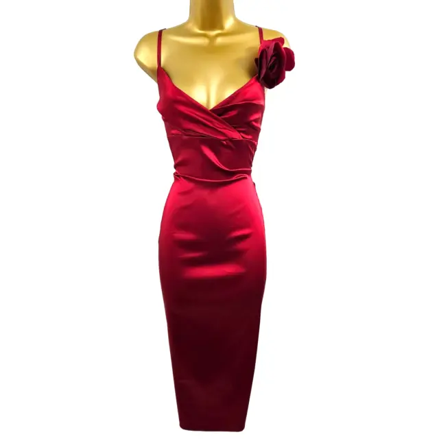 14 Reino Unido Karen Millen Vintage Rojo Satén Boda Crucero Fiesta Vestido Lápiz